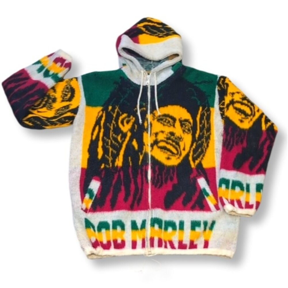 Vintage Bob Marley Alpaca Wool Jacket Mens Size Medium Hoodie Zip Up Sweater